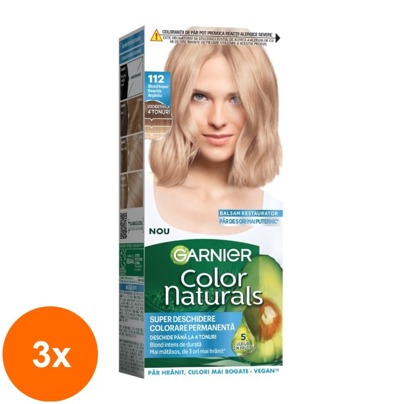 Set 3 x Vopsea de Par Permanenta Garnier Color Naturals 112 Blond Super Deschis Argintiu, 112 ml