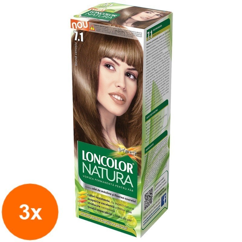 Set 3 x Vopsea de Par Permanenta Loncolor Natura 7.1 Blond Cenusiu, 100 ml
