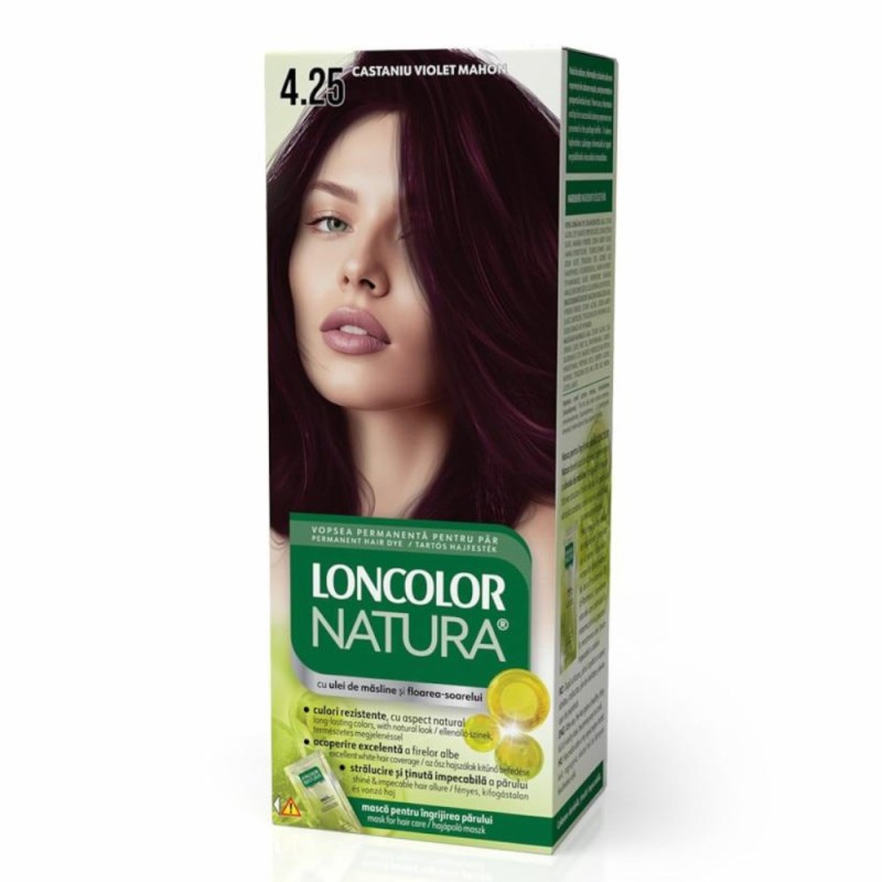 Set 3 x Vopsea de Par Permanenta Loncolor Natura, Nr. 4.25 Castaniu Violet Mahon, 100 ml