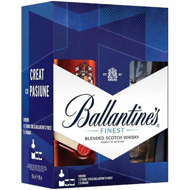 Set 3 x Whisky Ballantines, Alcool 40%, cu 2 Pahare, 0.7 l