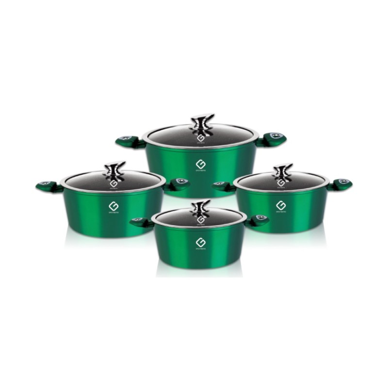 Set 4 Cratite din Aluminiu cu Capace din Sticla, Verzi, Compatibile cu Plita cu Inductie, Grunberg