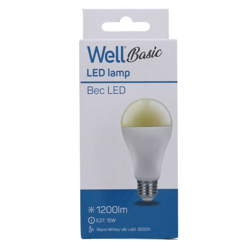 Set 4 x Bec cu Led Basic Well, A65, E27, 15W / 85W, 1200 lm, 15000 Ore, 3000K, Lumina Calda