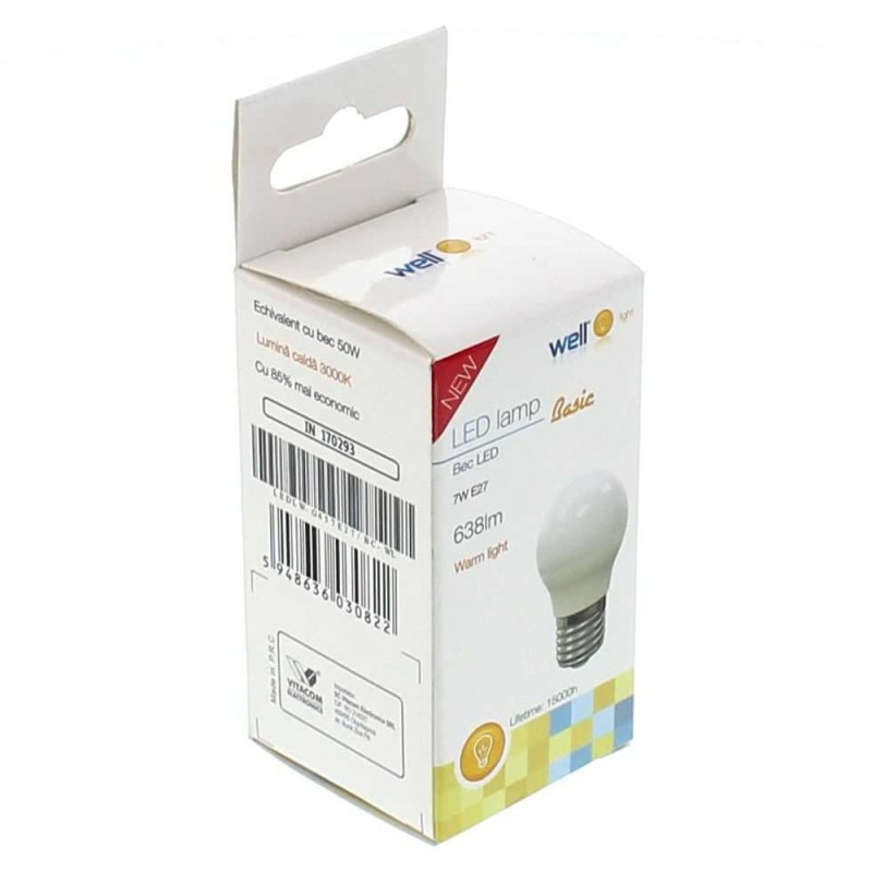 Set 4 x Bec cu Led Basic Well, G45, E27, 7W / 40W, 500 lm, A+, 15000 Ore, 3000K, Lumina Calda