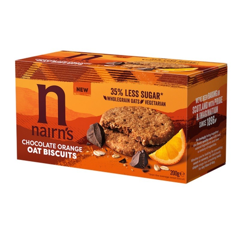 Set 4 x Biscuiti din Ovaz Integral, Nairn's, cu Ciocolata si Portocala, 200 g