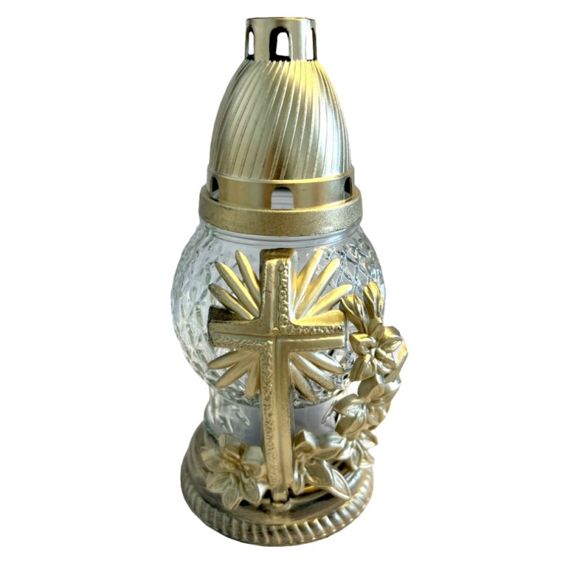 Set 4 x Candela din Sticla cu Cruce Aurie, 15 Ore