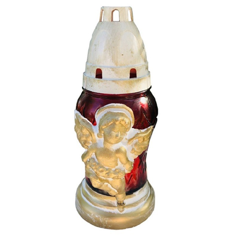 Set 4 x Candela din Sticla cu Ingeras, Rosu cu Auriu, 15 Ore