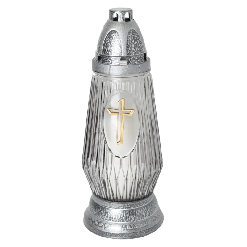 Set 4 x Candela Sticla Alb, Fumuriu, cu Cruce Lemn