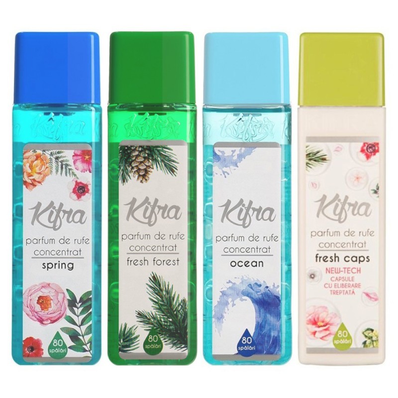 Set 4 x Parfum Rufe Kifra Spring, Fresh Forest, Ocean si Fresh Caps, 200 ml, 80 Spalari