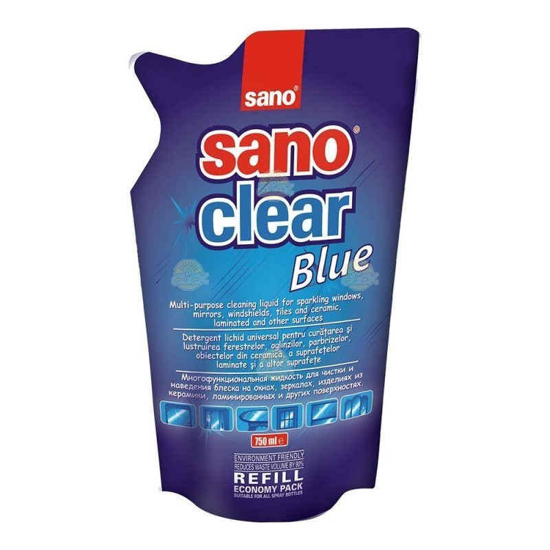 Set 4 x Rezerva Detergent pentru Curatat Geamuri Sano Clear Blue 750 ml