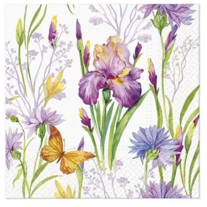 Set 4 x Servetele in 3 Straturi, Iris With Butterfly, 33 x 33 cm, 20 Bucati, Elcadis