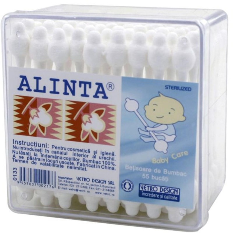 Set 5 x 55 Betisoare Igienice din Bumbac cu Opritor pentru Urechi, Copii, Alinta