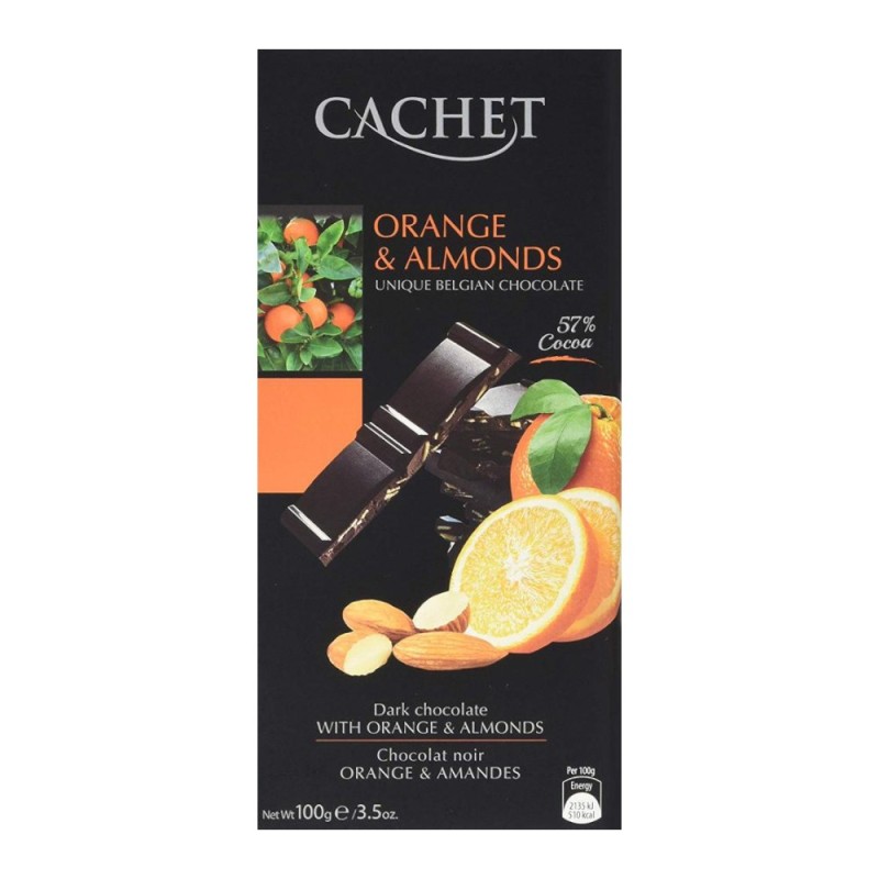 Set 5 x Ciocolata Neagra, Cachet, 57% Cacao, cu Portocale si Migdale, 100 g
