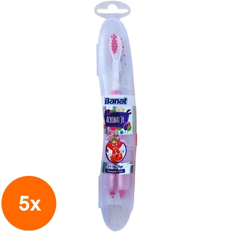 Set 5 x Periuta de Dinti Copii Banat Junior, Etui Calatorie, Soft, 5+ Ani