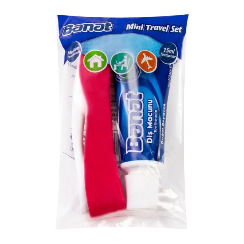 Set 6 Pachete pentru Calatorie Banat: Mini Periuta de Dinti si Pasta de Dinti, cu Peri Medii, 15 ml