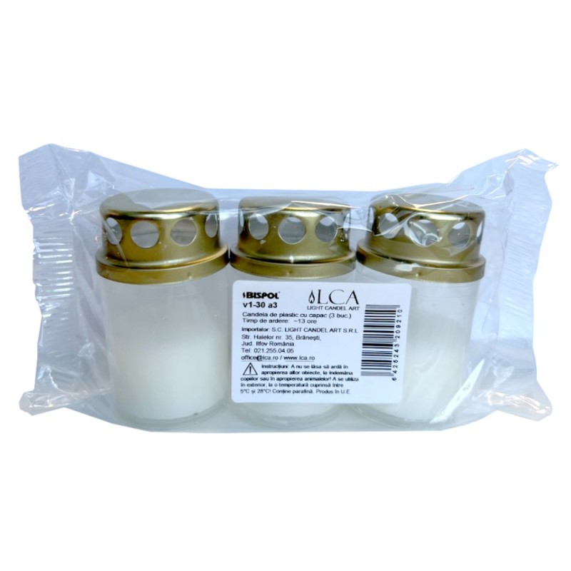 Set 6 x 3 Candela cu Capac Bispol Alb, 13 Ore