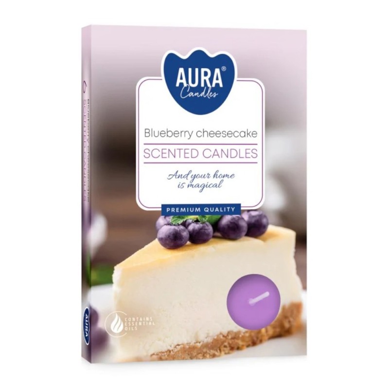 Set 6 x 6 Lumanari Pastila Aura, Cheesecake cu Afine, Timp de Ardere 4 Ore