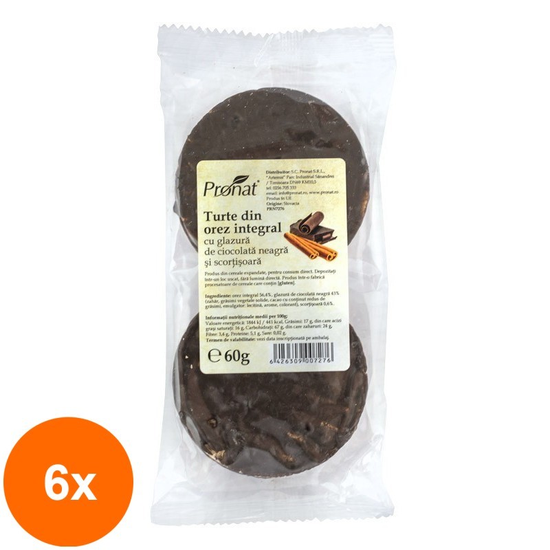 Set 6 x Turte din Orez Integral cu Glazura Ciocolata Neagra si Scortisoara, 60 g