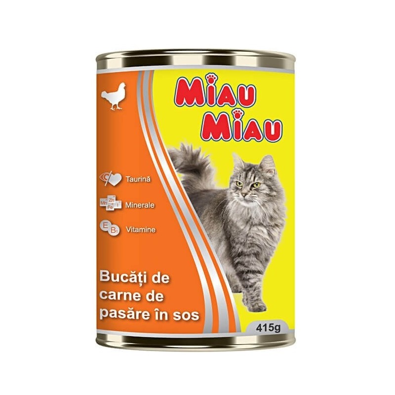 Set 8 x Hrana Umeda Pisici Adulte Miau Miau cu Carne de Pui, Conserva, 415 g