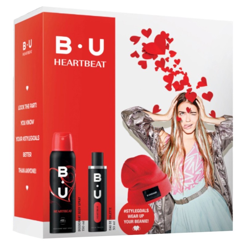 Set Apa de Toaleta, BU Heartbeat, 50 ml, Deodorant Spray, 150 ml si Caciula