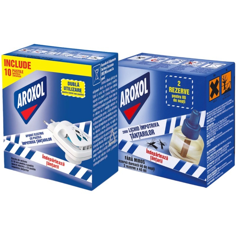 Set Aroxol Impotriva Tantarilor Aparat Electric Dubla Utilizare cu 10 Pastile si 2 x Rezerva Lichida, 45 ml