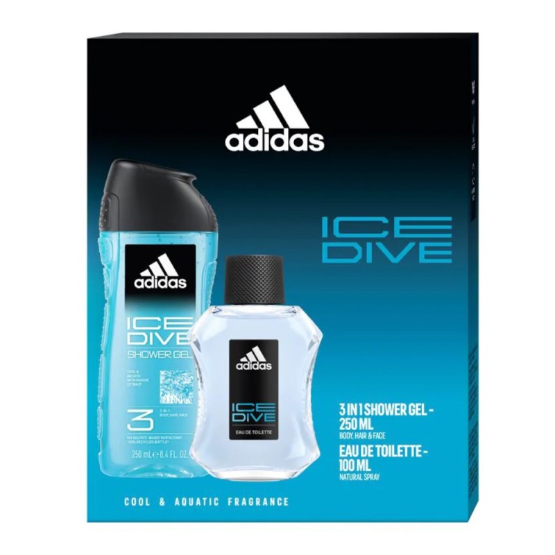 Set Cadou Barbati Adidas Ice Dive, Apa de Toaleta 100 ml, Gel de Dus 250 ml