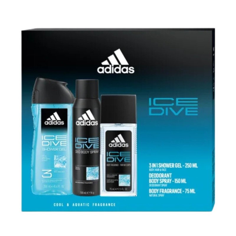 Set Cadou Barbati Adidas Ice Dive, Deodorant Natural Spray 75 ml, Deodorant Spray, Gel de Dus 250 ml