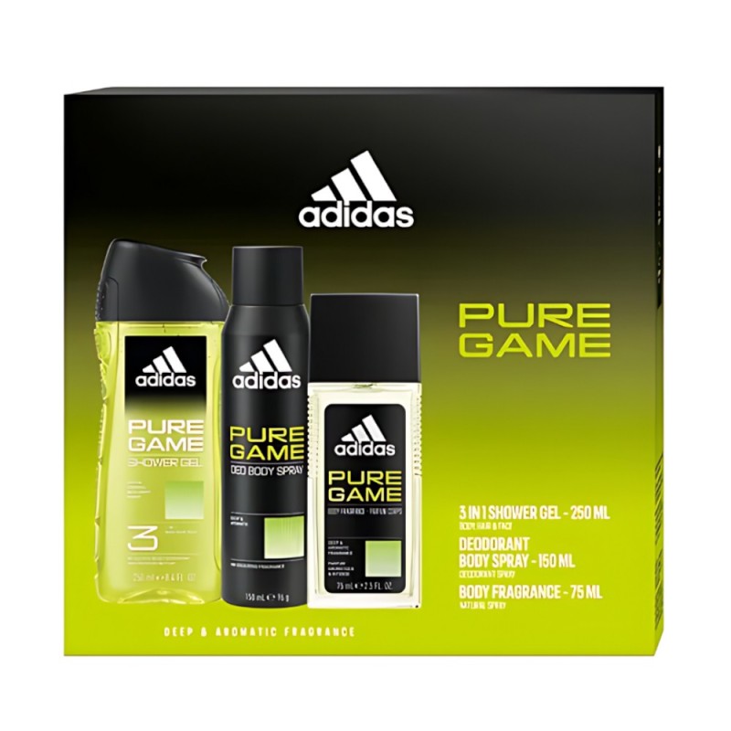 Set Cadou Barbati Adidas Pure Game, Deodorant Natural Spray 75 ml, Deodorant 150 ml, Gel de Dus 250 ml