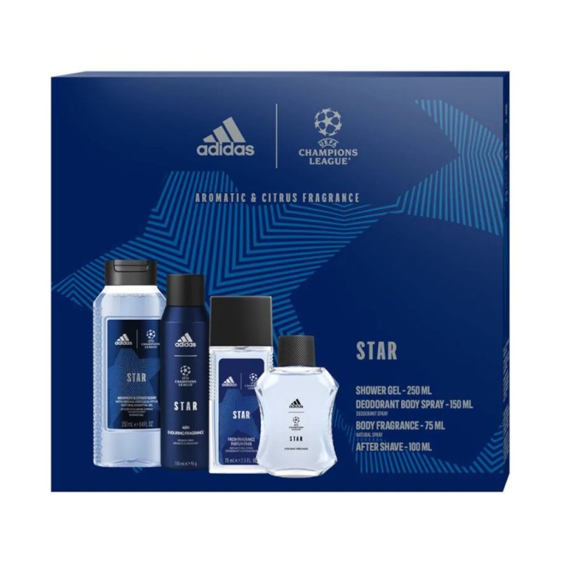 Set Cadou Barbati Adidas Uefa Star, After Shave 100 ml, Deodorant Natural Spray 75 ml, Deodorant 150 ml, Gel Dus 250 ml