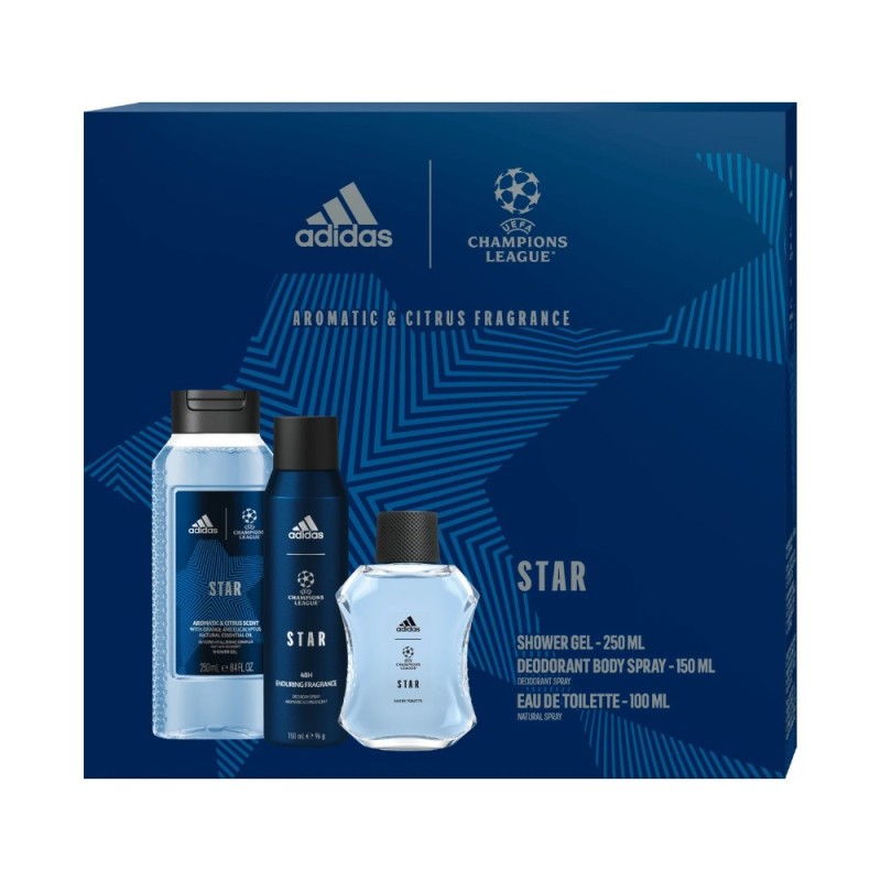 Set Cadou Barbati Adidas Uefa Star, Apa de Toaleta 100 ml, Deodorant 150 ml, Gel de Dus 250 ml