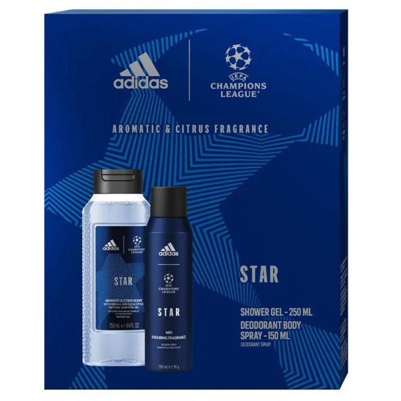 Set Cadou Barbati Adidas Uefa Star, Gel de Dus 250 ml, Deodorant Spray 150 ml