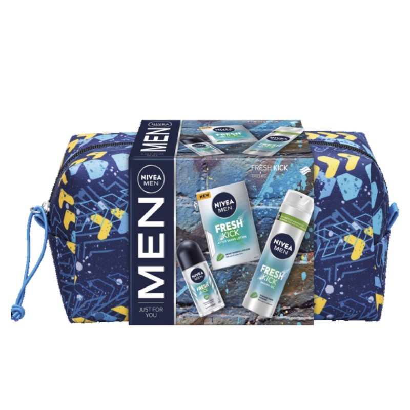 Set Cadou Barbati, Nivea Men Fresh Kick, Geanta, Lotiune dupa Ras, Gel de Ras si Deodorant Roll-On