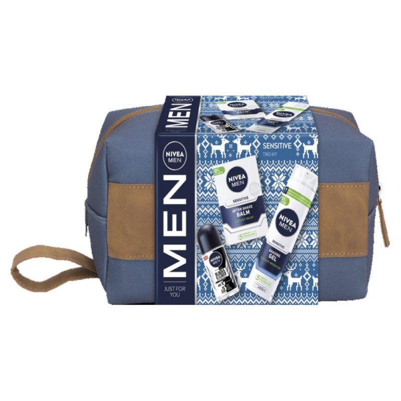 Set Cadou Barbati Nivea Men Sensitive, Geanta, Balsam dupa Ras, Gel de Ras si Roll-On Black & White Power