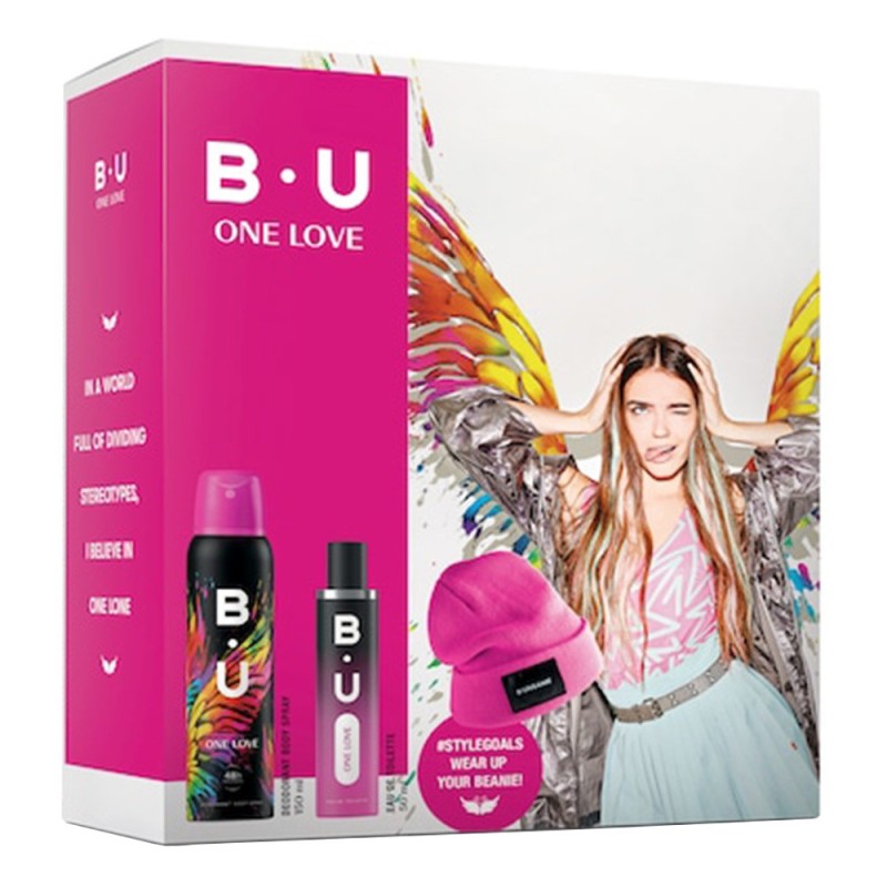 Set Cadou B.U. One Love, Femei, Apa de Toaleta 50 ml, Deodorant Spray pentru Corp 150 ml si Caciula Cadou