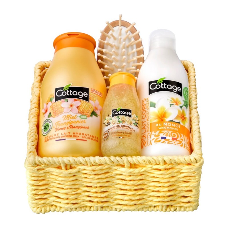 Set Cadou Cottage, Gel de Dus Miere si Frangipan, Lapte de Corp Monoi, Scrub cu Vanilie, Perie de Par, Cos