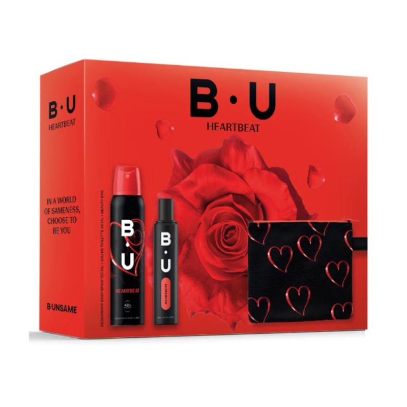 Set Cadou Femei B.U Heartbeat, Apa de Toaleta 50 ml, Deodorant Spray pentru Corp 150 ml, Borseta