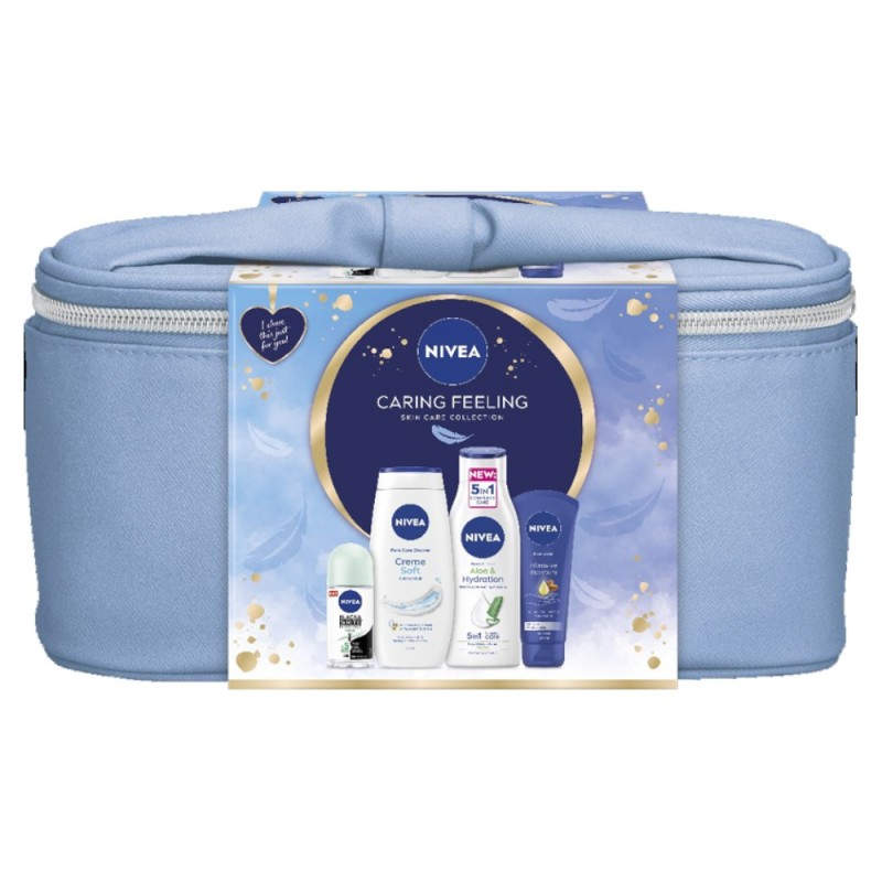 Set Cadou Femei, Nivea Caring Feeling, Geanta, Lotiune de Corp Aloe, Gel Dus Creme, Roll-On Black & White Fresh si Crema Maini