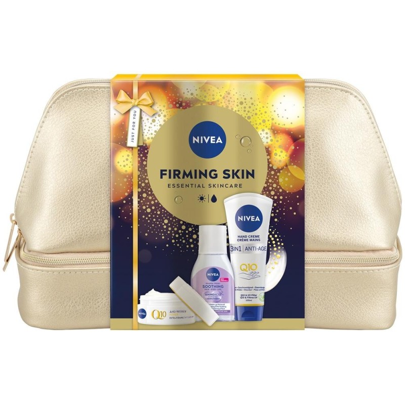 Set Cadou Femei Nivea Q10 Firming Skin, Crema Antirid Zi 50 ml, Apa Micelara 100 ml, Crema Maini 3in1 100 ml, Geanta