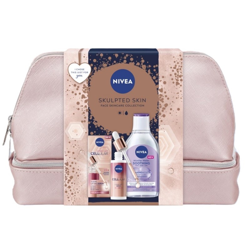 Set Cadou Femei Nivea Sculpted Skin, Ser Fata Cellular Expert Lift 50 ml, Apa Micelara Ten Sensibil 400 ml si Geanta