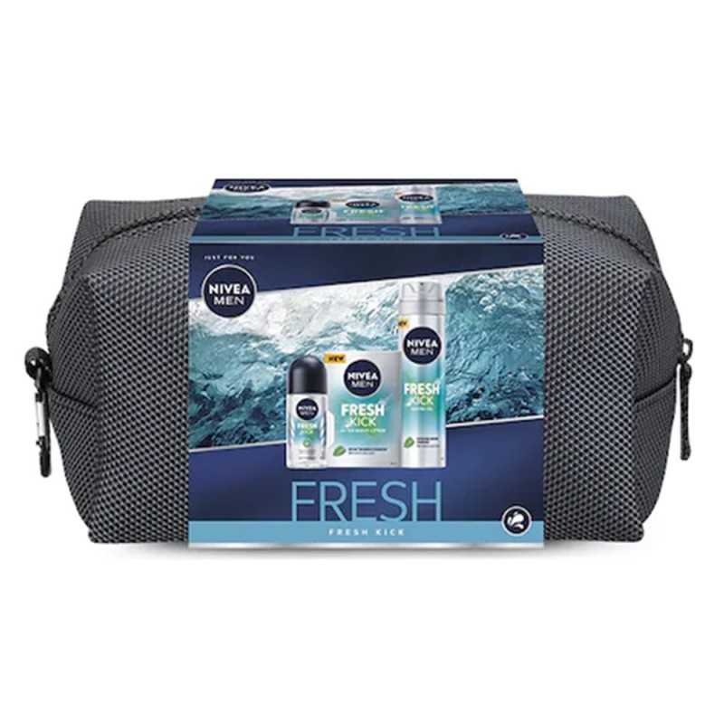Set Cadou Nivea Men Fresh Kick Lotiune dupa Ras 100 ml, Gel de Ras 200 ml, Deodorant Roll-on 50 ml si Geanta