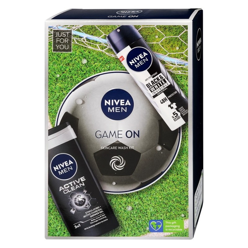 Set Cadou Nivea Men Game ON Gel de Dus Active Clean, 250 ml si Deodorant Spray Black&White Invisible Power, 150 ml