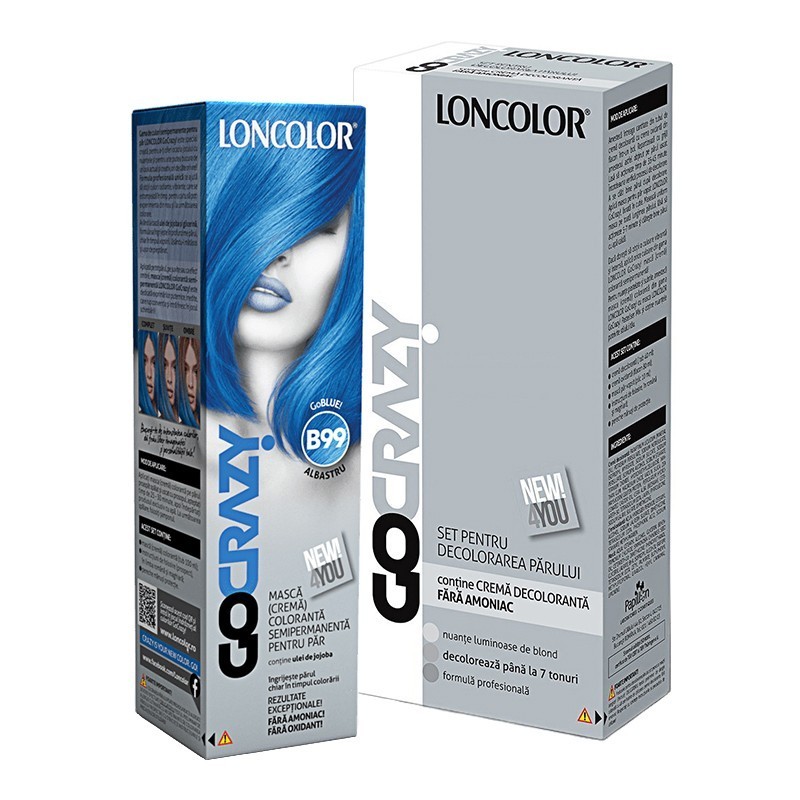 Set Crema de Par Coloranta Semi-Permanenta Loncolor GoCrazy B99 GoBlue si Crema de Par Decoloranta
