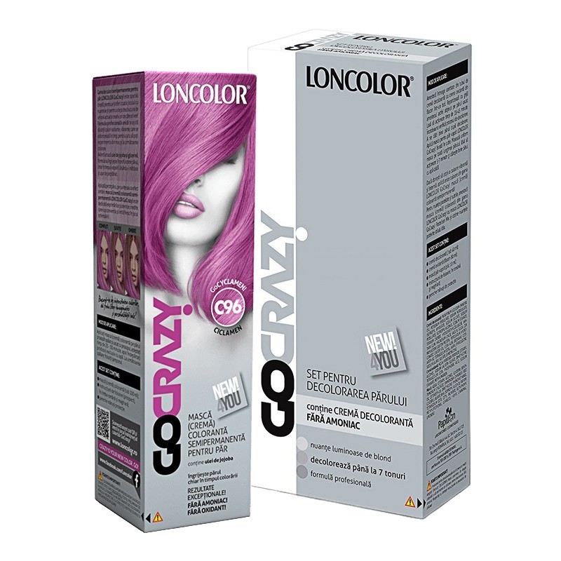 Set Crema de Par Coloranta Semi-Permanenta Loncolor GoCrazy C96 GoCyclamen si Crema de Par Decoloranta
