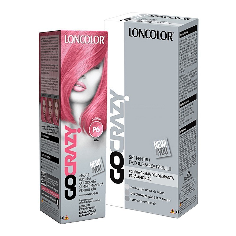 Set Crema de Par Coloranta Semi-Permanenta Loncolor GoCrazy P6 GoPink si Crema de Par Decoloranta