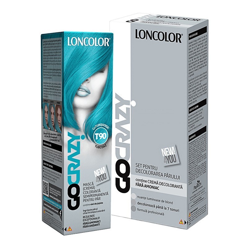 Set Crema de Par Coloranta Semi-Permanenta Loncolor GoCrazy T90 GoTurquoise si Crema de Par Decoloranta