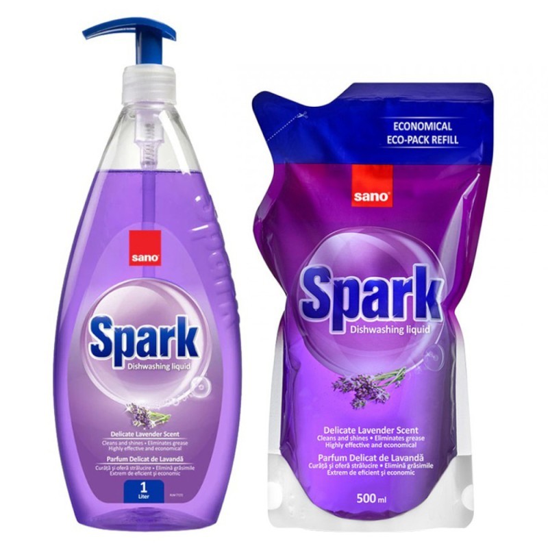 Set Detergent de Vase cu Pompita Sano Spark cu Lavanda, 1 l si Rezerva, 500 ml