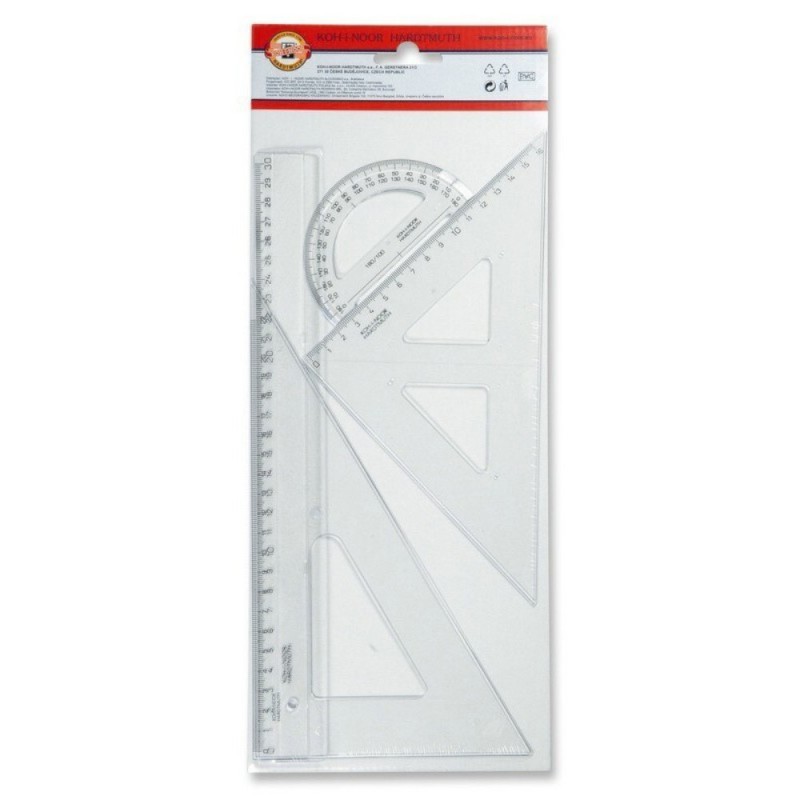 Set Geometrie Mare Cristal, Rigla, 2 Echere si Raportor, Koh-I-Noor