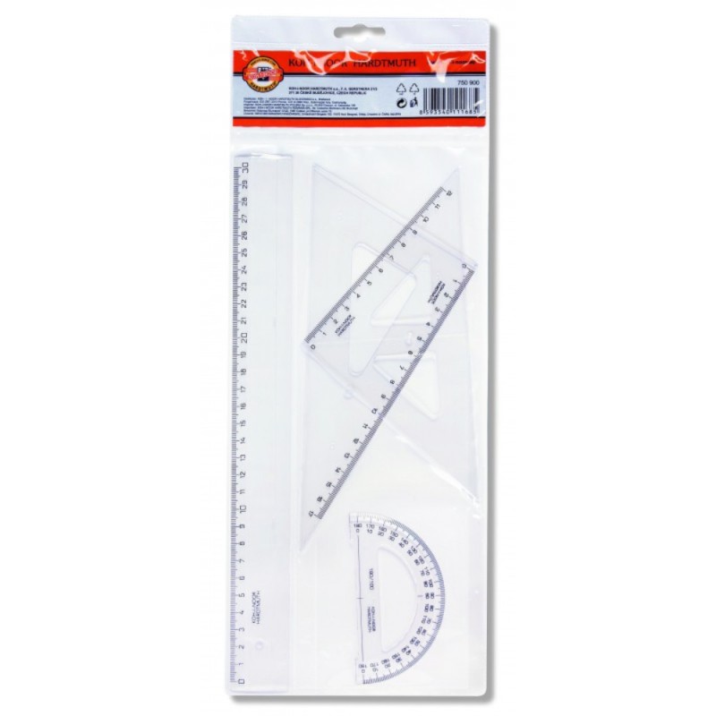 Set Geometrie Mediu Cristal, Rigla, 2 Echere si Raportor, Koh-I-Noor