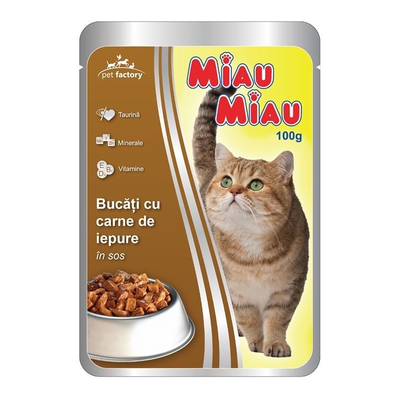 Set Hrana Umeda Pisici Miau Miau cu Iepure in Sos, 18 Plicuri x 100 g