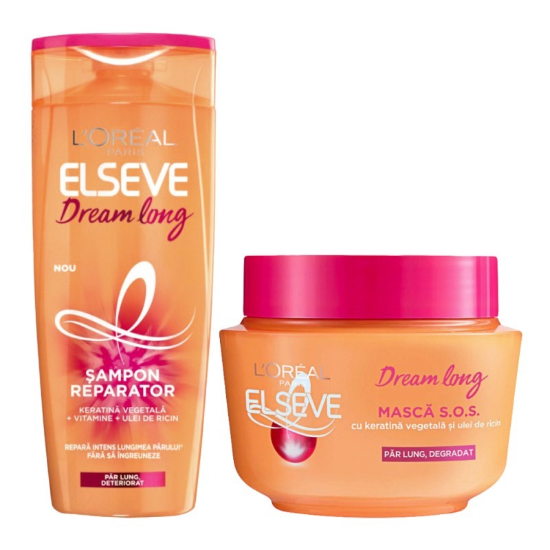 Set Ingrijire Par Lung si Deteriorat L'Oreal Paris Elseve Dream Long Sampon Reparator, 250 ml si Masca de Par S.O.S., 300 ml