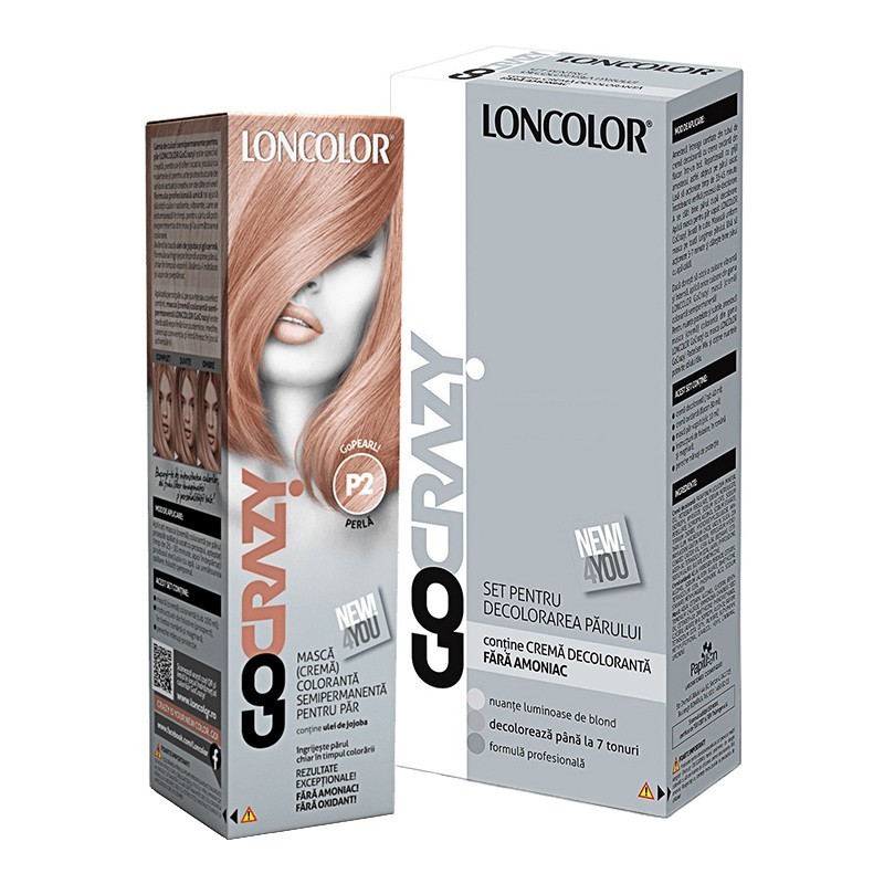 Set Loncolor GoCrazy Crema de Par Coloranta Semi-Permanenta P2 Pearl, 100 ml si Crema de Par Decoloranta, 120 ml